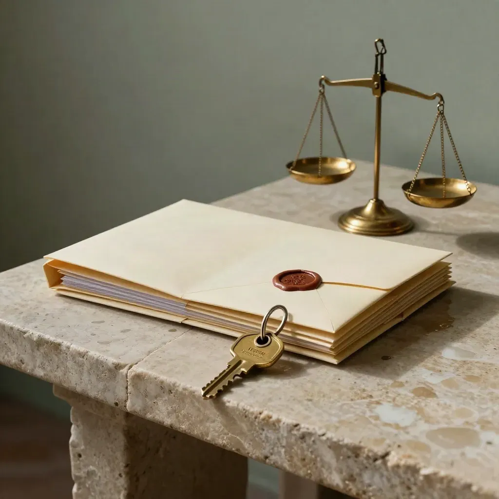 Legal files, brass keys and scales on wet stone with dramatic light