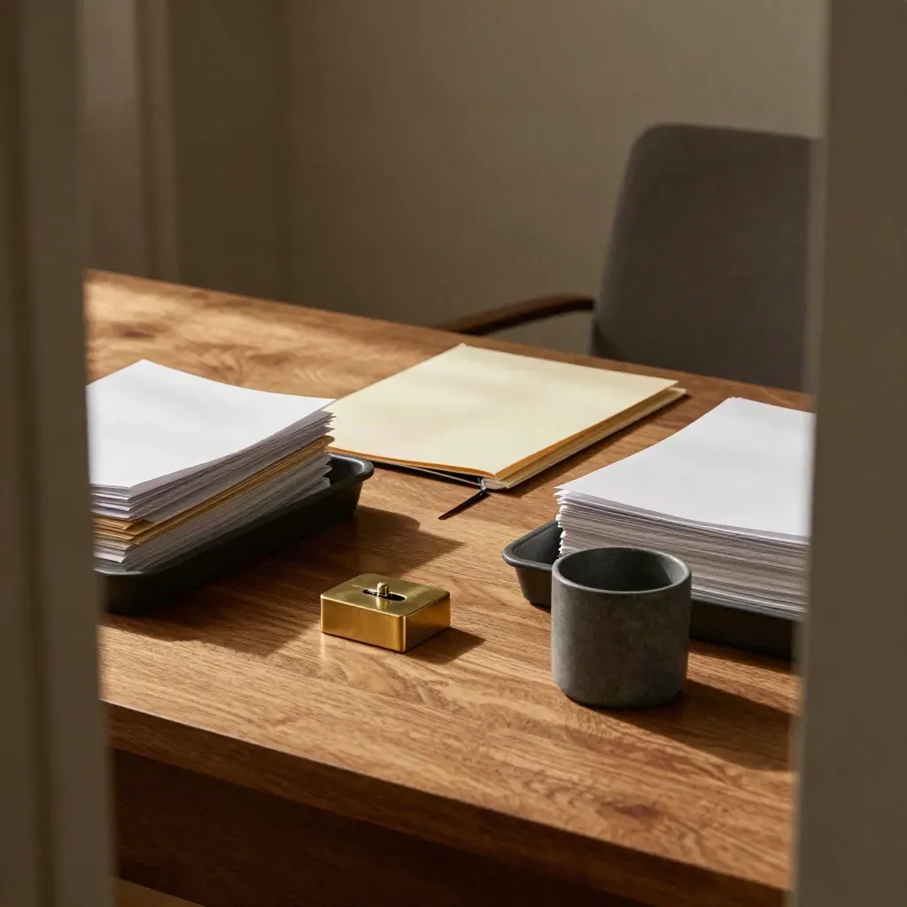 Oak dispute-resolution desk with opposing file trays, brass paperweight, slate cup and half-slid folder.
