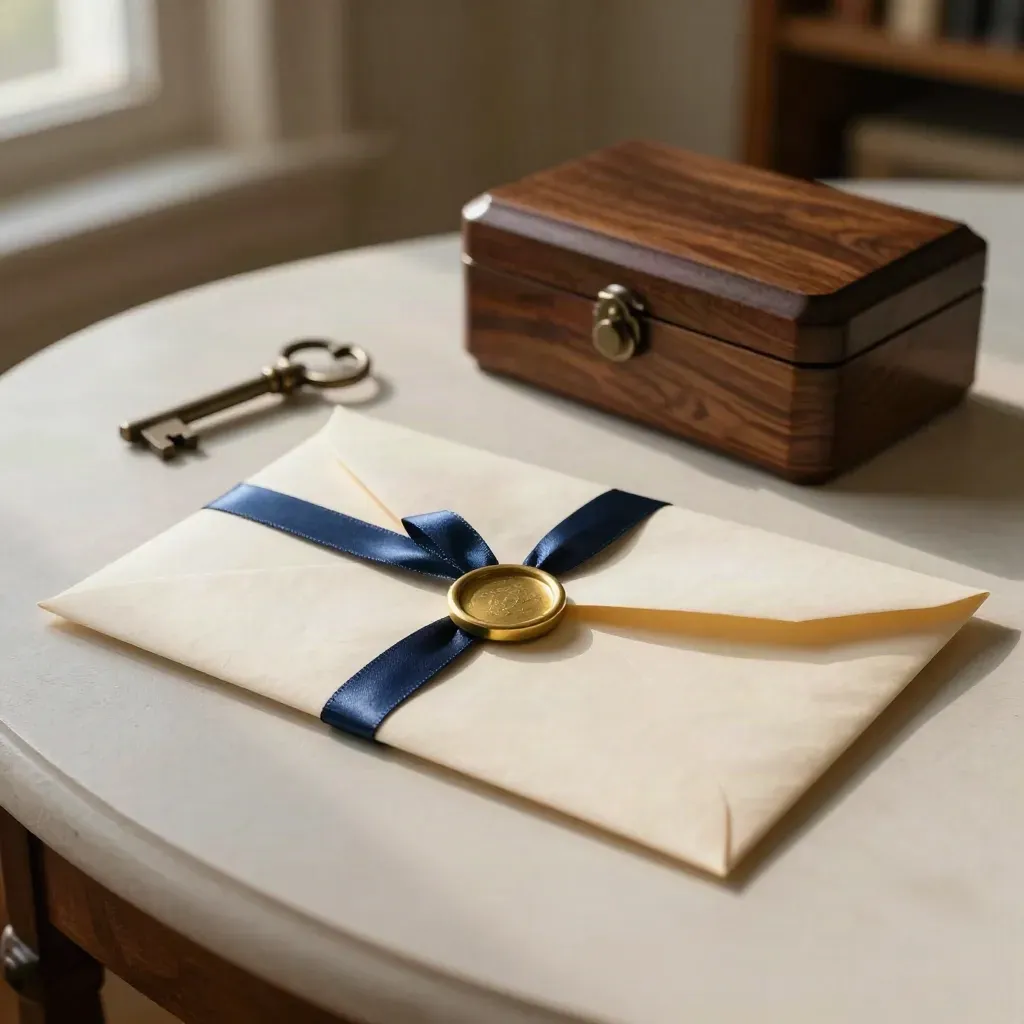 Probate envelope with brass wax seal, keys and keepsake box in warm window light.