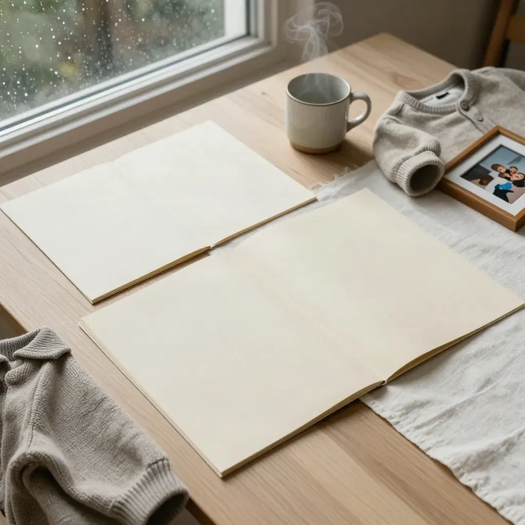 Overhead of parenting-plan folders, child cardigan, mug and frame on oak by a rainy window.