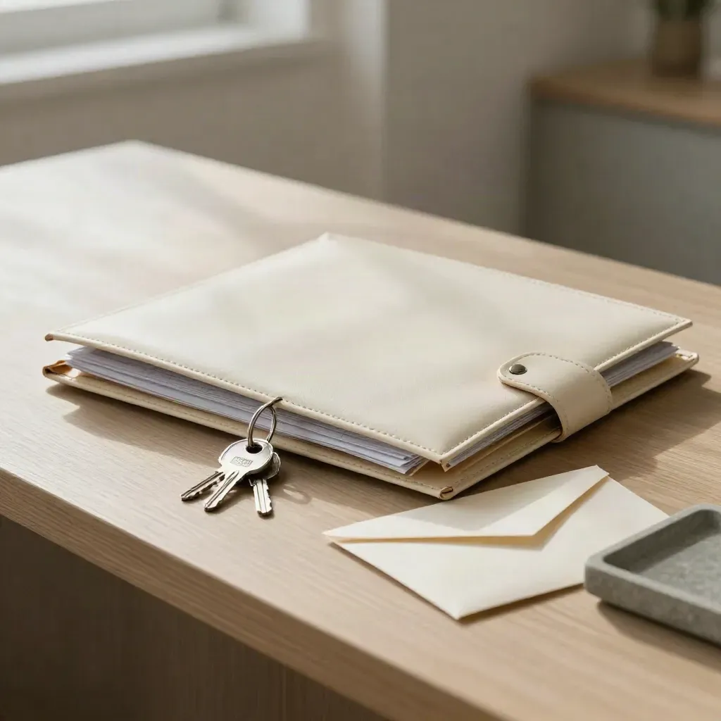 Cream file wallet, keys, envelope and stone tray on a pale oak counter in soft morning light.