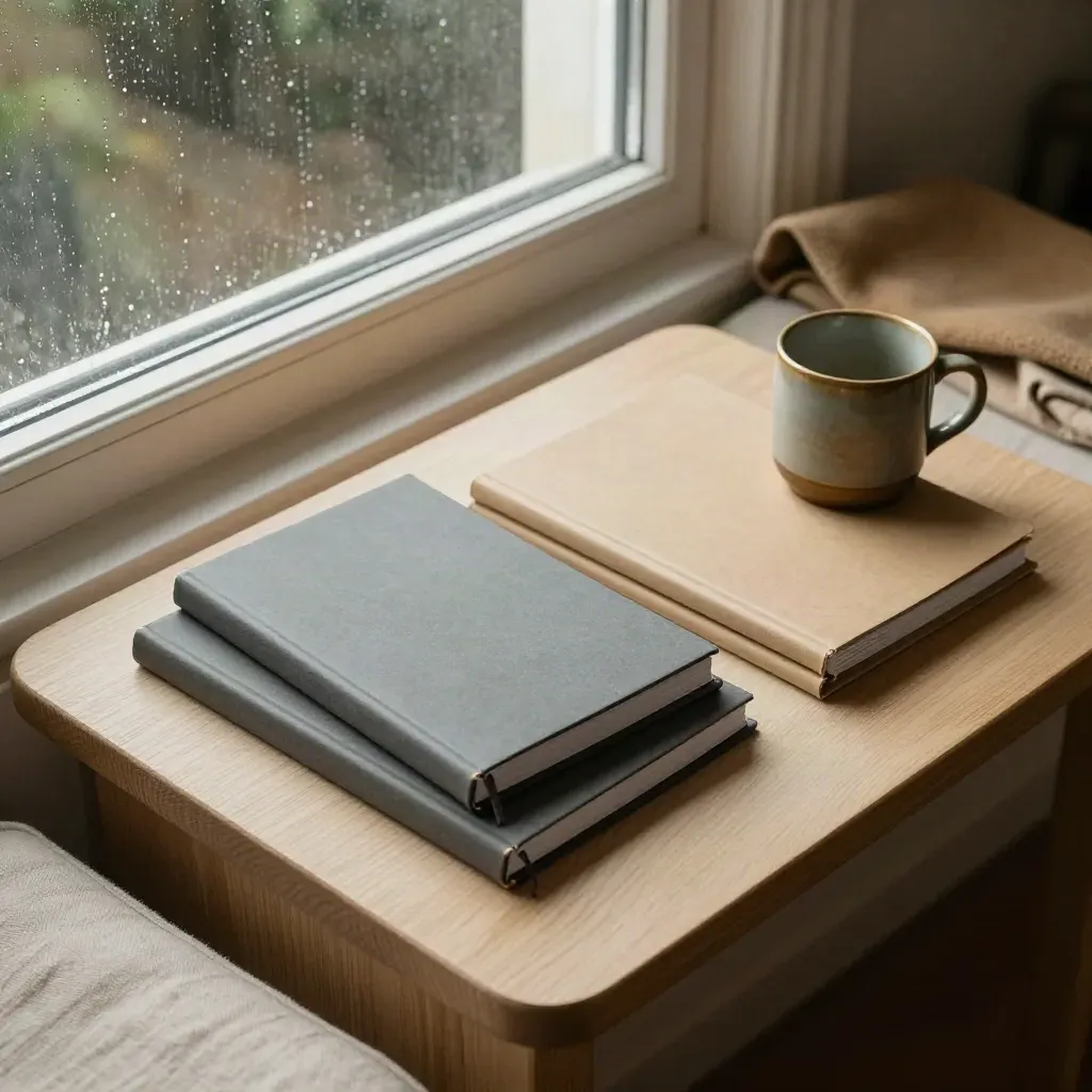 Overhead legal notes still life by a rain-speckled window with notebook, files, throw and mug.