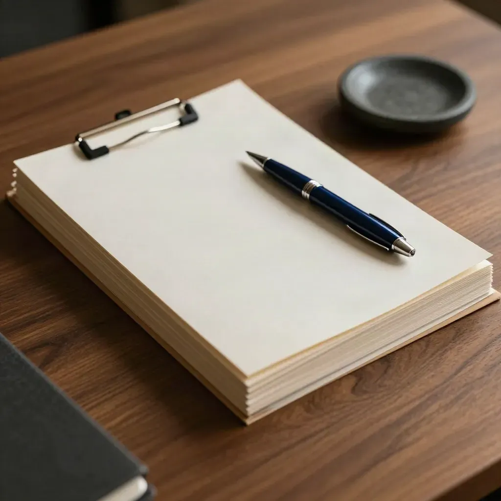 Overhead legal file stack with steel pen and stone dish on warm walnut.