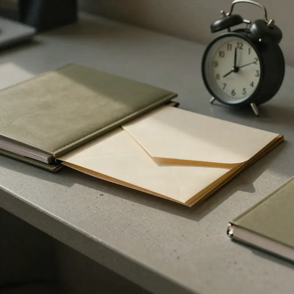 Employment support desk with alarm clock, work file, envelope and notebook on brushed concrete.