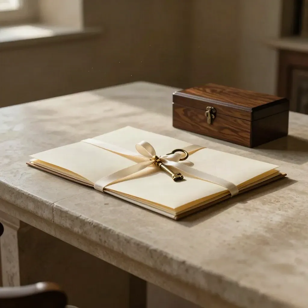 Probate folder, ribbon-tied envelope, brass keys and wooden box beside a stone wall in moody light