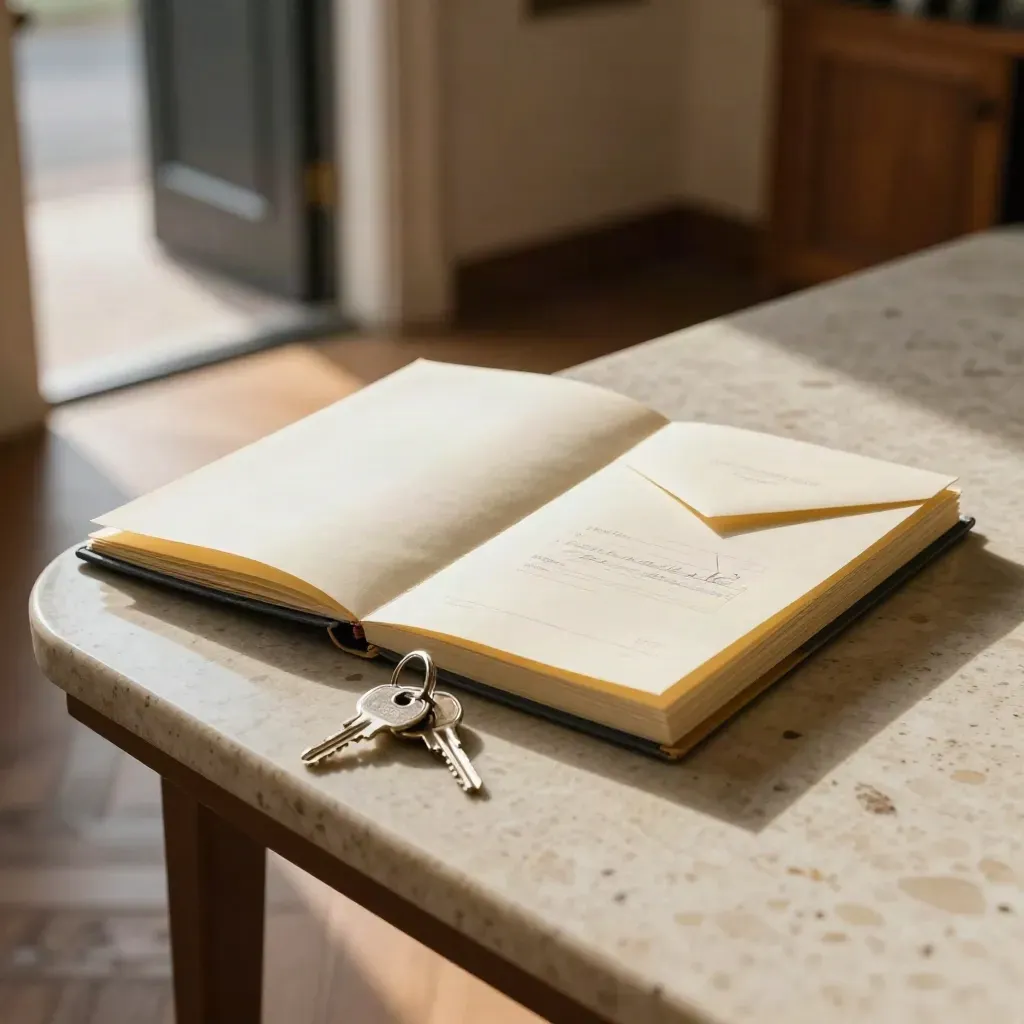 House-sale papers, keys and a sealed envelope on a hallway table by an open front door.