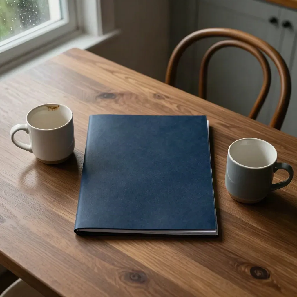 Overhead view of two mugs, a closed file folder and a pulled-back chair in a rain-softened kitchen.