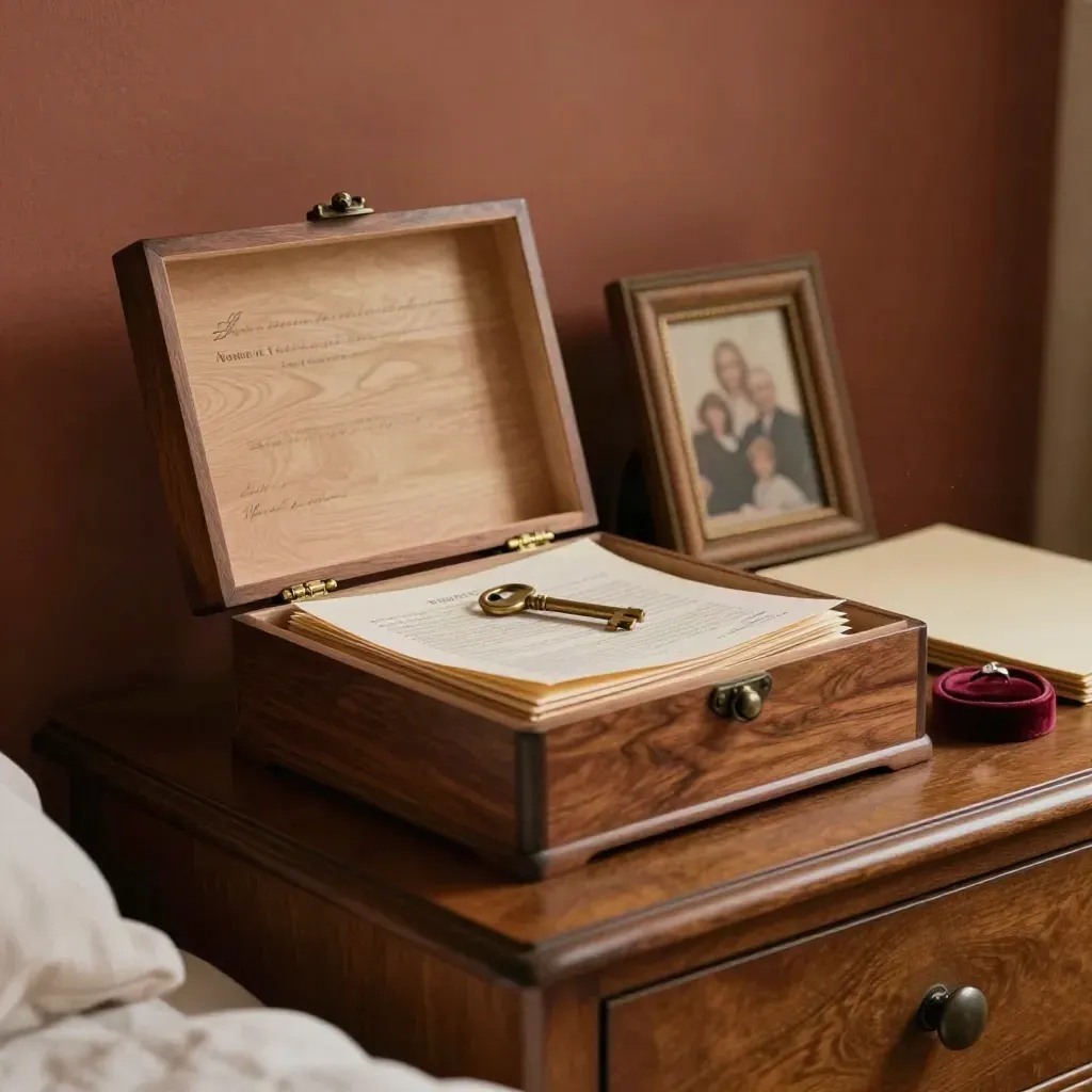 Open keepsake box, brass key, face-down frame and cream folder on a bedside chest at dusk.