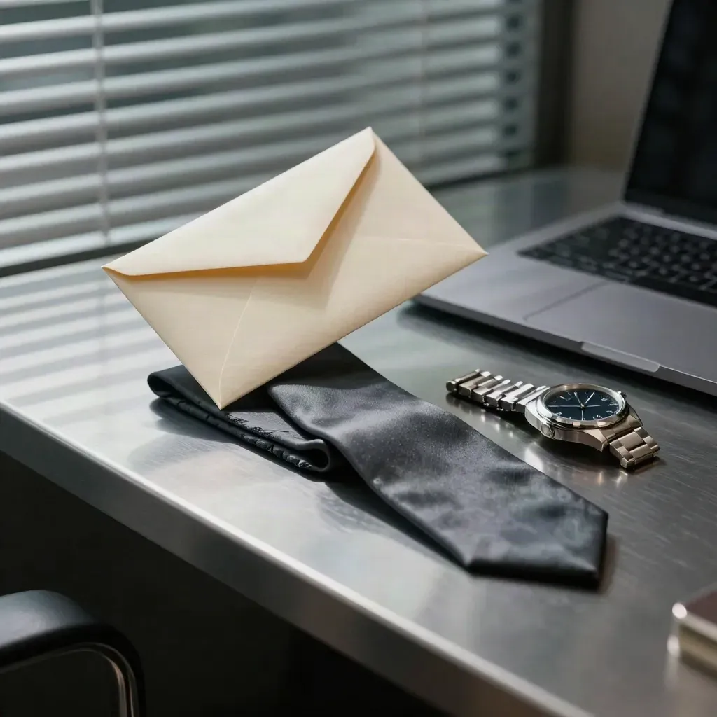 Sealed envelope, folded tie, watch and closed laptop on steel in cool blind-shadowed light.