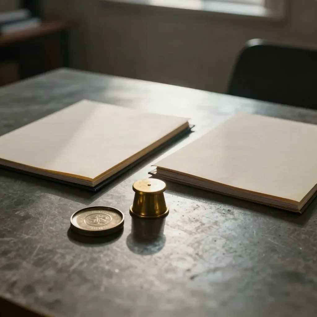 Low-lit dispute table with opposing file folders, brass weight and coin dish on concrete.