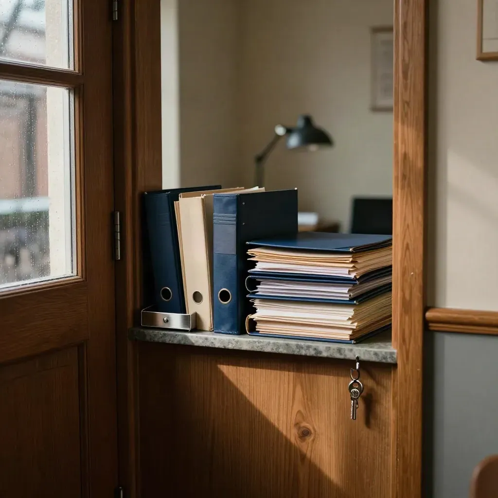 Compact claims office with folders, shelf, key ring and lamp beside rain-streaked glass.