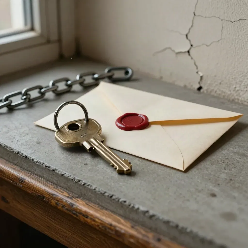 Keys, envelope and door chain on a quiet hallway table by pale plaster wall