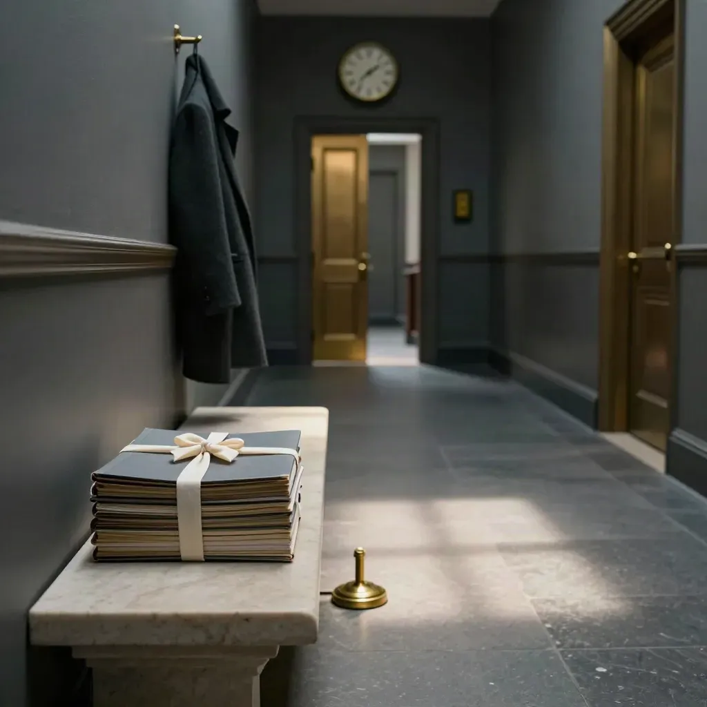 Silent courthouse corridor with case bundle, clock shadow, and coat out of focus