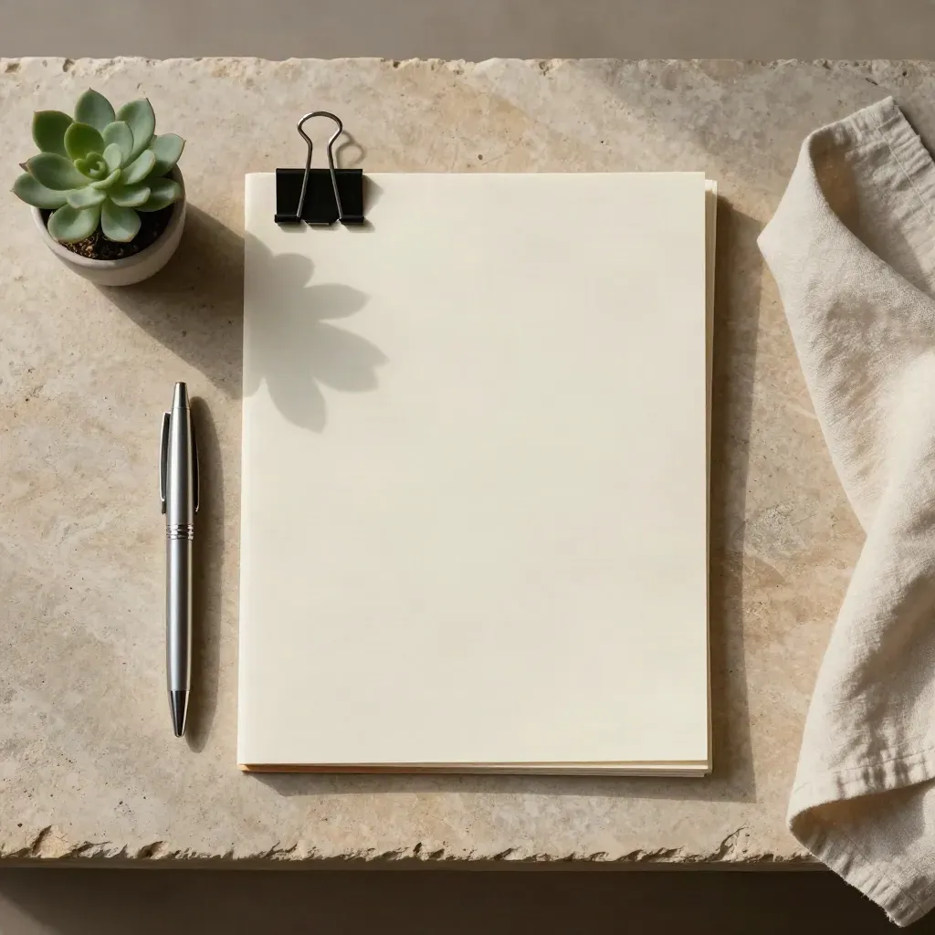 Flatlay of a cream legal file with pen, plant and linen on warm stone.