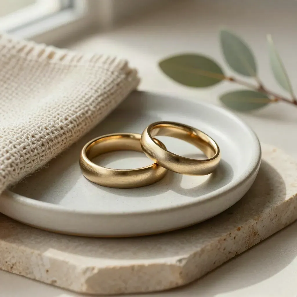 Two wedding bands in a ceramic dish with knit cloth and greenery on a stone tray