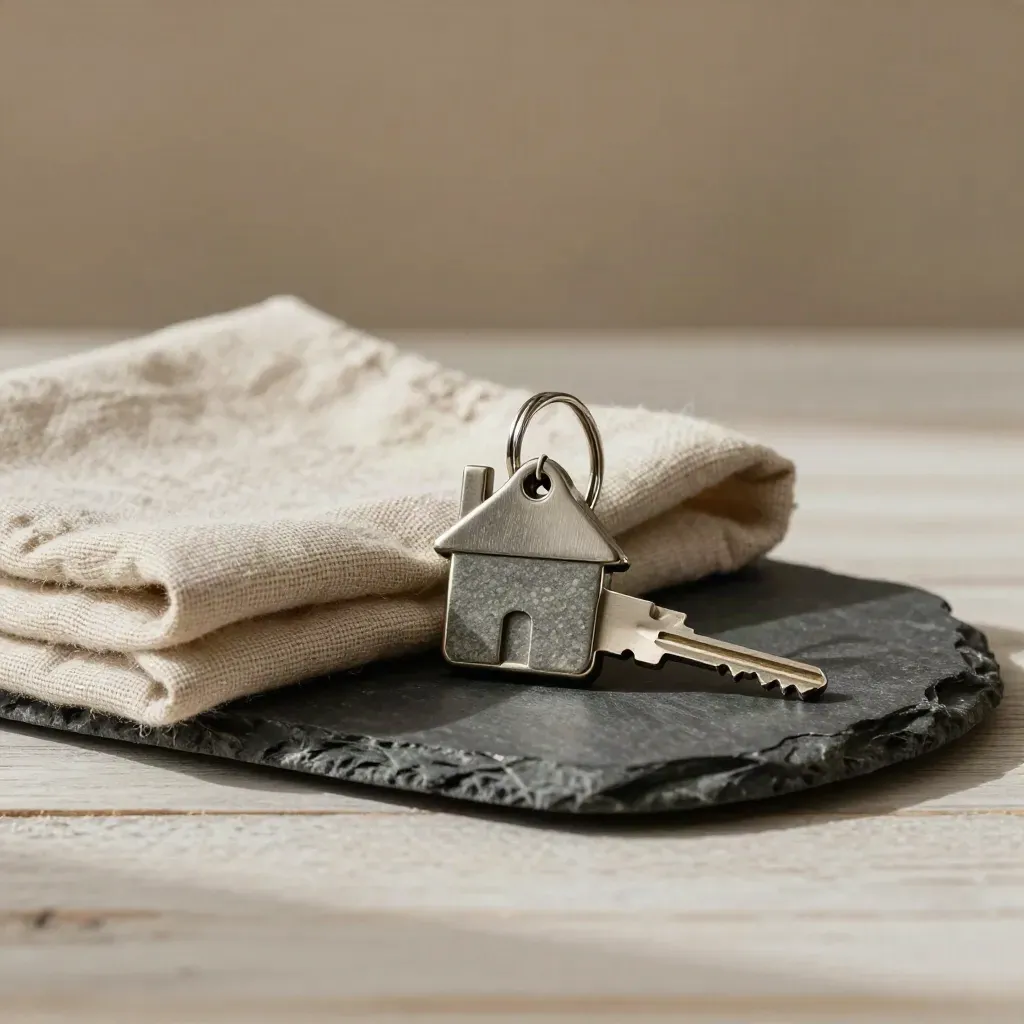 House key ring with stone house weight, linen cloth and ceramic dish on pale wood.