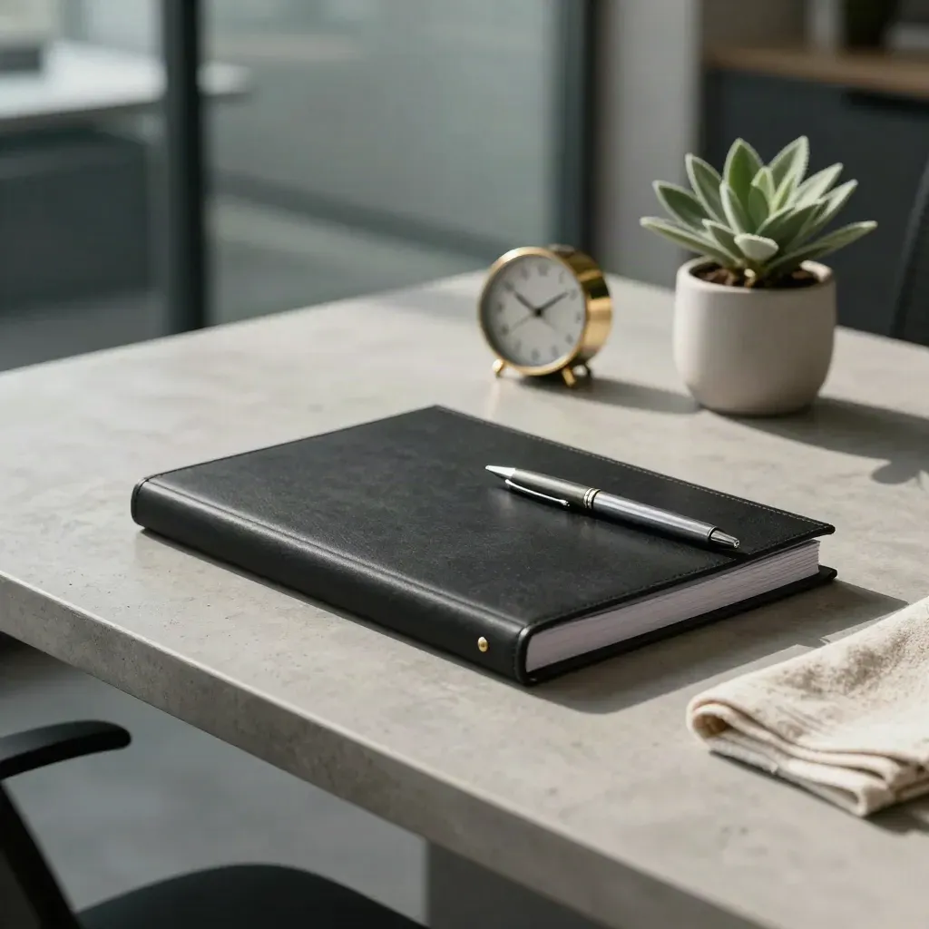 Closed black file with pen, clock, plant and cloth on a cool legal desk in soft window light.